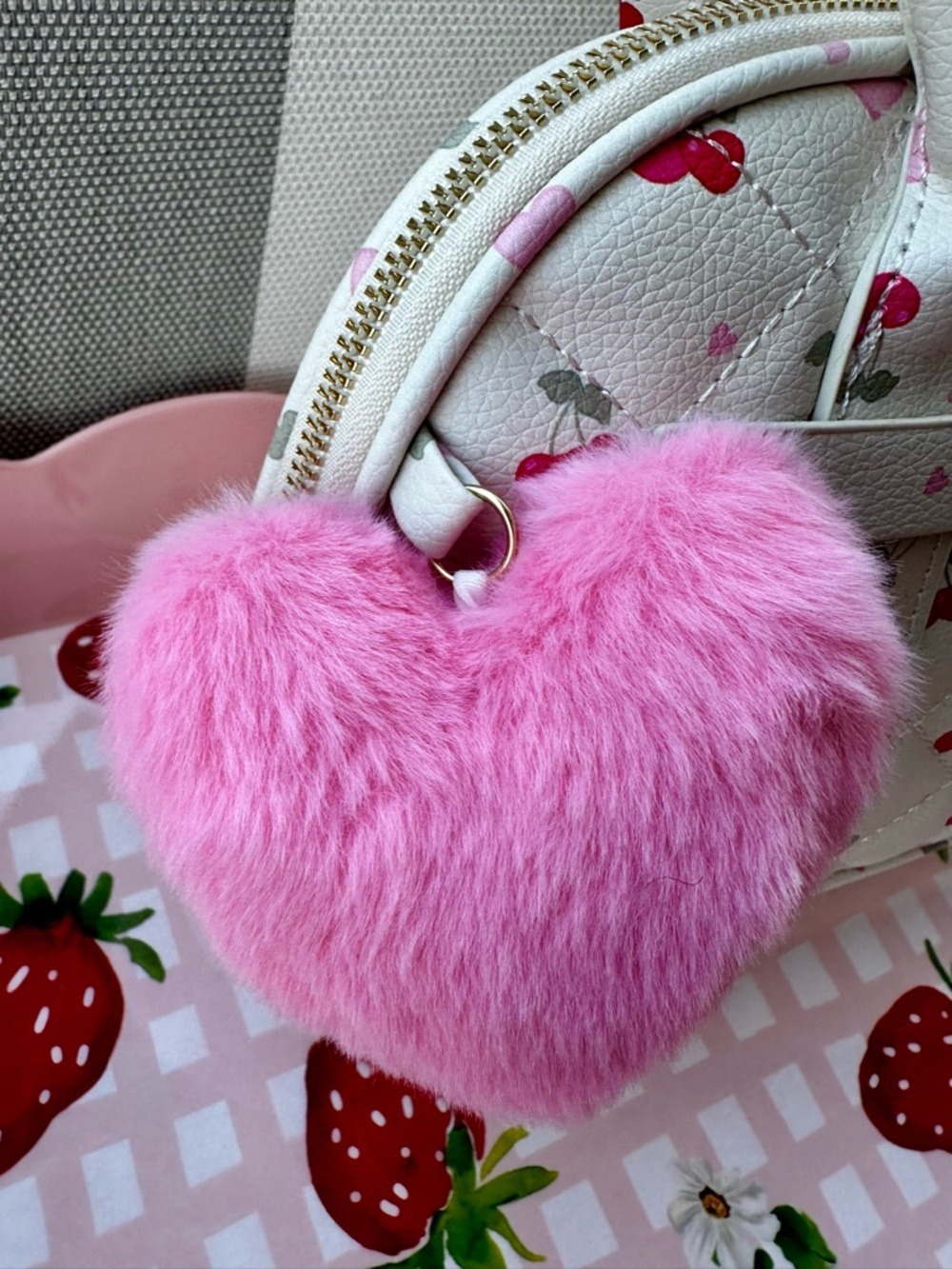 New Under One Sky Cherry Heart Quilted Satchel Purse Coquette Kawaii Pink Pom - Picture 4 of 8